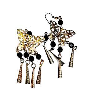 3" Vintage Gold & Black Butterfly Chime Chandelier Earrings
